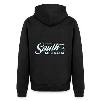 EXPLORE SOUTH AUSTRALIA - Unisex Premium Bio Zip Hoodie - Schwarz - Hinten - Nico (187cm)