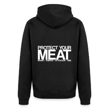Protect Your Meat, Money Energy Attention Time - Unisex Premium Organic Zip Hoodie - black - Back - Nico (187cm)