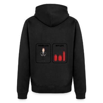 Lustiger Spruch zu teuren Gaspreisen und Inflation - Unisex Premium Bio Zip Hoodie - Schwarz - Hinten - Nico (187cm)
