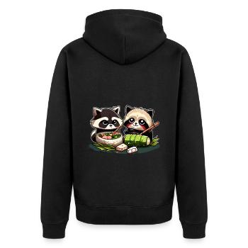 De mignons ratons laveurs comiques mangent des sushis ensemble - Veste à capuche bio Premium Unisexe - noir - Dos - Nico (187cm)