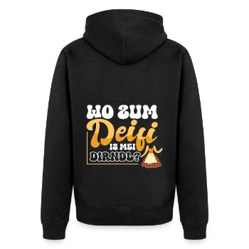 Wo zum Deifi is mei Dirndl? - Unisex Premium Bio Zip Hoodie - Schwarz - Hinten - Nico (187cm)
