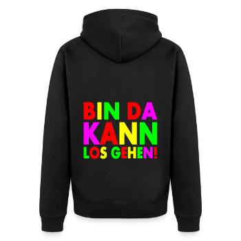 Bin da kann losgehen - Unisex Premium Bio Zip Hoodie - Schwarz - Hinten - Nico (187cm)