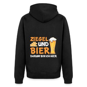 Ziegel und Bier darum bin ich hier - Unisex Premium Bio Zip Hoodie - Schwarz - Hinten - Nico (187cm)