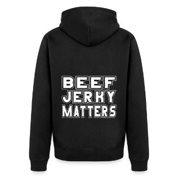 Beef Jerky Matters Meat Lover Dried Meat - Unisex Premium Organic Zip Hoodie - black - Back - Nico (187cm)