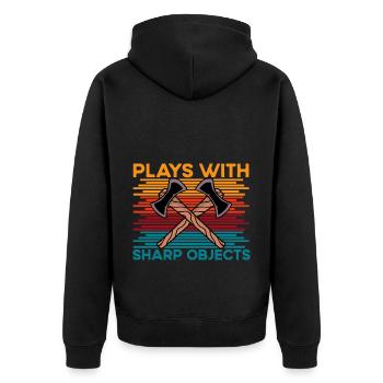 Axe Throwing plays with sharp objects funny saying - Unisex Premium Organic Zip Hoodie - black - Back - Nico (187cm)