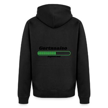 Gortnsaiso - bayerischer Spruch - Unisex Premium Bio Zip Hoodie - Schwarz - Hinten - Nico (187cm)