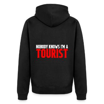 Nobody Knows I'm A Tourist 6 - Unisex Premium Bio Zip Hoodie - Schwarz - Hinten - Nico (187cm)