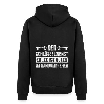 Der Schlüsseldienst Erledigt Alles Im Handumdrehen - Unisex Premium Bio Zip Hoodie - Schwarz - Hinten - Nico (187cm)