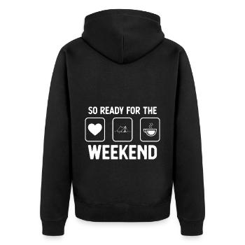So bereit für das Wochenende - Kaffee - Campingzel - Unisex Premium Bio Zip Hoodie - Schwarz - Hinten - Nico (187cm)