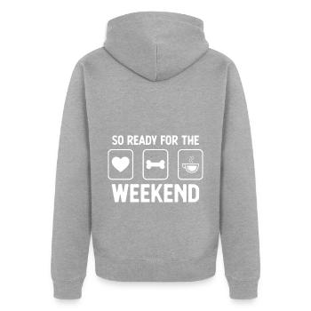 So bereit für das Wochenende - Kaffee - Hundeknoch - Unisex Premium Bio Zip Hoodie - Grau meliert - Hinten - Nico (187cm)