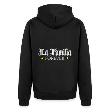 “Familia” die Familie, Das einzige was Zählt - Unisex Premium Bio Zip Hoodie - Schwarz - Hinten - Nico (187cm)