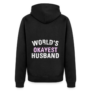 WORLD &5S OKAYEST HUSBAND - Unisex Premium Bio Zip Hoodie - Schwarz - Hinten - Nico (187cm)