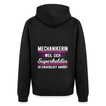 Mechanikerin Superheldin Schrauberin KFZ Werkstatt - Unisex Premium Bio Zip Hoodie - Schwarz - Hinten - Nico (187cm)