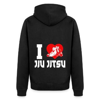Brazilian Jiu Jitsu MMA Bjj Hugger - Unisex Premium Bio Zip Hoodie - Schwarz - Hinten - Nico (187cm)