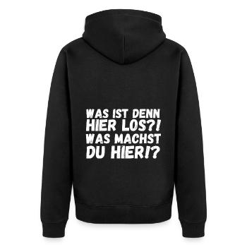 Was ist hier los? Was machst du hier? - Unisex Premium Bio Zip Hoodie - Schwarz - Hinten - Nico (187cm)
