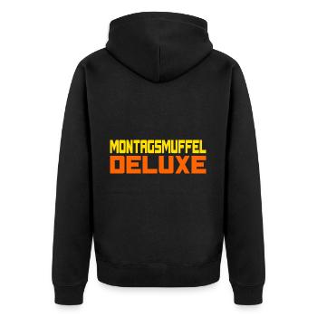 Montagsmuffel Deluxe - Unisex Premium Bio Zip Hoodie - Schwarz - Hinten - Nico (187cm)