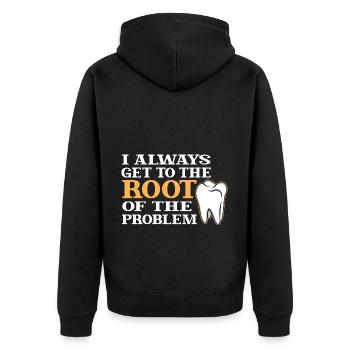 Immer Direkt Zum Kern Des Problems - Unisex Premium Bio Zip Hoodie - Schwarz - Hinten - Nico (187cm)
