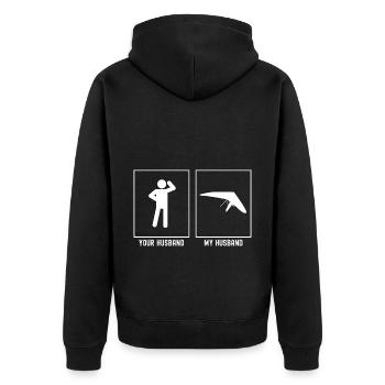 Son mari - Mon mari - Sky Gliding - Veste à capuche bio Premium Unisexe - noir - Dos - Nico (187cm)