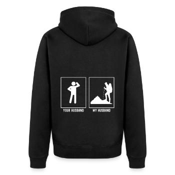 Ihr Ehemann - Mein Ehemann - Wandern im Gelände - Unisex Premium Bio Zip Hoodie - Schwarz - Hinten - Nico (187cm)