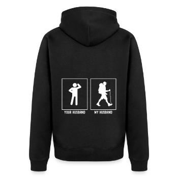 Ihr Ehemann - Mein Ehemann - Wandern Solo - Unisex Premium Bio Zip Hoodie - Schwarz - Hinten - Nico (187cm)
