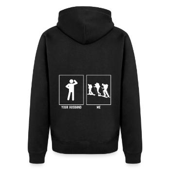 Ihr Mann - Ich - Wanderndes Trio - Unisex Premium Bio Zip Hoodie - Schwarz - Hinten - Nico (187cm)