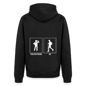 Dein Freund - Ich - Wandern nach links - Unisex Premium Bio Zip Hoodie - Schwarz - Hinten - Nico (187cm)