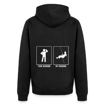 Your husband - My husband - Climbing Rappel - Unisex Premium Organic Zip Hoodie - black - Back - Nico (187cm)