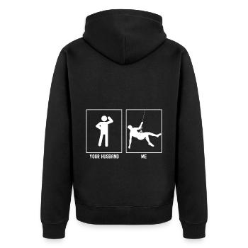 Her husband - me - climbing hanging rappel - Unisex Premium Organic Zip Hoodie - black - Back - Nico (187cm)