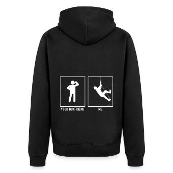 Dein Freund - Ich - Klettern an der Wand - Unisex Premium Bio Zip Hoodie - Schwarz - Hinten - Nico (187cm)