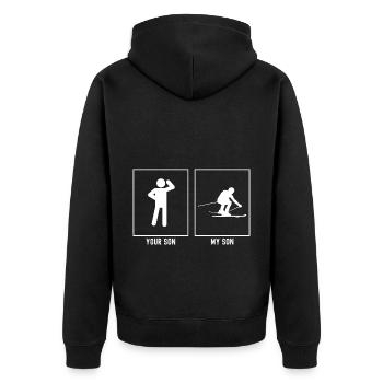 Ihr Sohn - Mein Sohn - Skifahren in der Hocke Illu - Unisex Premium Bio Zip Hoodie - Schwarz - Hinten - Nico (187cm)