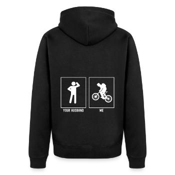 Ihr Mann - Ich - Mountainbiken Action - Unisex Premium Bio Zip Hoodie - Schwarz - Hinten - Nico (187cm)
