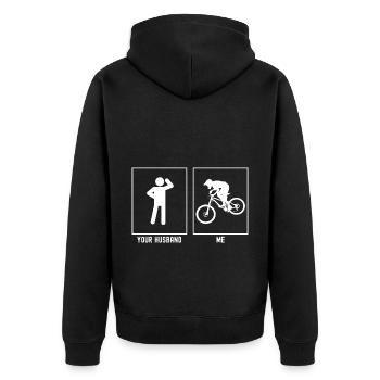Ihr Ehemann - Ich - Mountainbiken Unten Links - Unisex Premium Bio Zip Hoodie - Schwarz - Hinten - Nico (187cm)