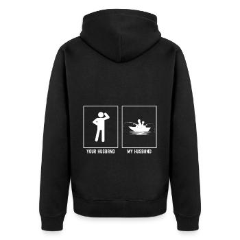 Ihr Ehemann - Mein Ehemann - Angeln Seite an Seite - Unisex Premium Bio Zip Hoodie - Schwarz - Hinten - Nico (187cm)