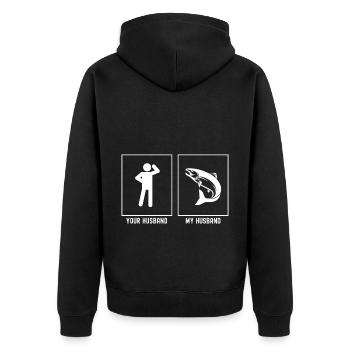Votre mari - Mon mari - Pêche au poisson - Veste à capuche bio Premium Unisexe - noir - Dos - Nico (187cm)