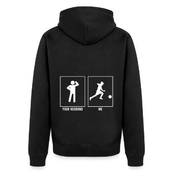 Ihr Ehemann - Ich - Fußballkind - Unisex Premium Bio Zip Hoodie - Schwarz - Hinten - Nico (187cm)