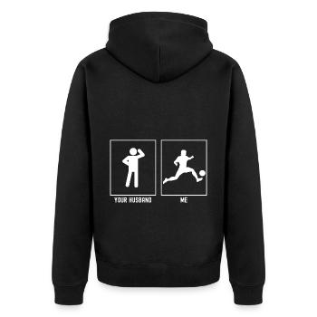 Son mari - moi - footballeur avec un ballon - Veste à capuche bio Premium Unisexe - noir - Dos - Nico (187cm)