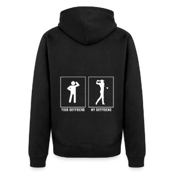 Ihr Freund - Mein Freund - Golf nach dem Schwung - Unisex Premium Bio Zip Hoodie - Schwarz - Hinten - Nico (187cm)