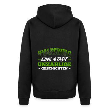 Wolfsburg Eine Stadt Unzählige Geschichten Heimatv - Unisex Premium Bio Zip Hoodie - Schwarz - Hinten - Nico (187cm)