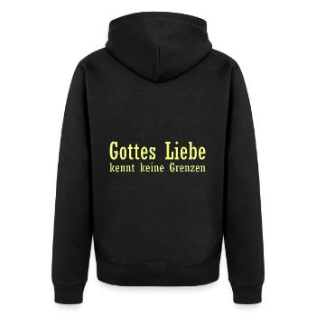 Gottes Liebe kennt keine Grenzen - Unisex Premium Bio Zip Hoodie - Schwarz - Hinten - Nico (187cm)