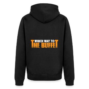 Which Way To The Buffet 26 - Unisex Premium Bio Zip Hoodie - Schwarz - Hinten - Nico (187cm)