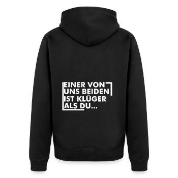 einer von uns beiden ist klüger als du - Unisex Premium Bio Zip Hoodie - Schwarz - Hinten - Nico (187cm)