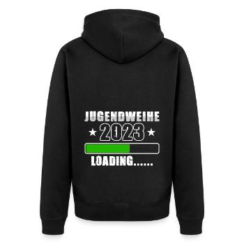 Jugendweihe 2023 Loading - Unisex Premium Bio Zip Hoodie - Schwarz - Hinten - Nico (187cm)