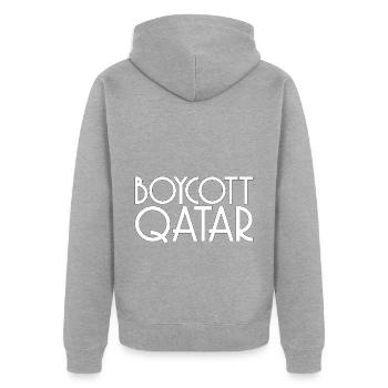 Boykott Spruch Katar Geschenk - Unisex Premium Bio Zip Hoodie - Grau meliert - Hinten - Nico (187cm)