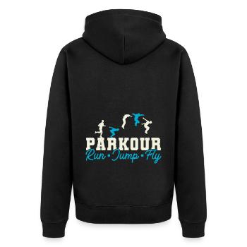 Parkour Freerunning Traceur - Unisex Premium Bio Zip Hoodie - Schwarz - Hinten - Nico (187cm)