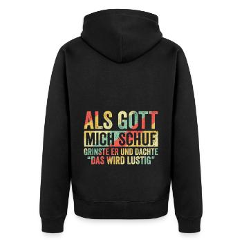 Gott mich schuf Grinste Er - Unisex Premium Bio Zip Hoodie - Schwarz - Hinten - Nico (187cm)