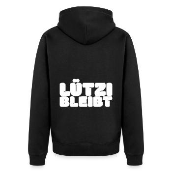 Lützerath Umweltschutz Geschenk - Unisex Premium Bio Zip Hoodie - Schwarz - Hinten - Nico (187cm)