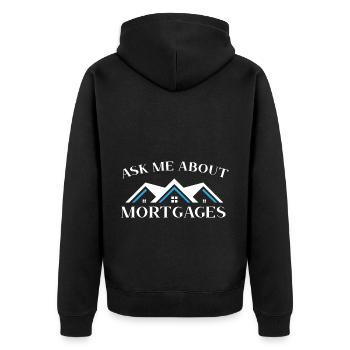 Fragen Sie mich über Hypotheken Haus Immobilienmak - Unisex Premium Bio Zip Hoodie - Schwarz - Hinten - Nico (187cm)
