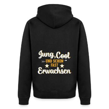 Jung Cool und schon fast Erwachen Jugendweihe - Unisex Premium Bio Zip Hoodie - Schwarz - Hinten - Nico (187cm)