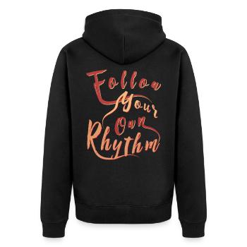 Follow Your Own Rhythm yr - Unisex Premium Bio Zip Hoodie - Schwarz - Hinten - Nico (187cm)