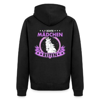 Echte Mädchen Reiten Pferde Reitsport - Unisex Premium Bio Zip Hoodie - Schwarz - Hinten - Nico (187cm)